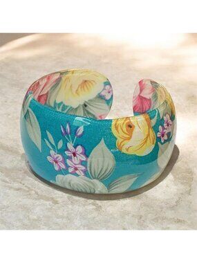 Floral Wide Cuff Bracelet With Vibrant Multicolor Design On Blue Background 1.25